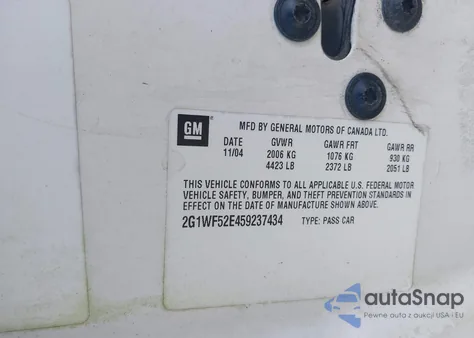 2005 Chevrolet Impala из США, поврежденный, VIN 2G1WF52E459237434